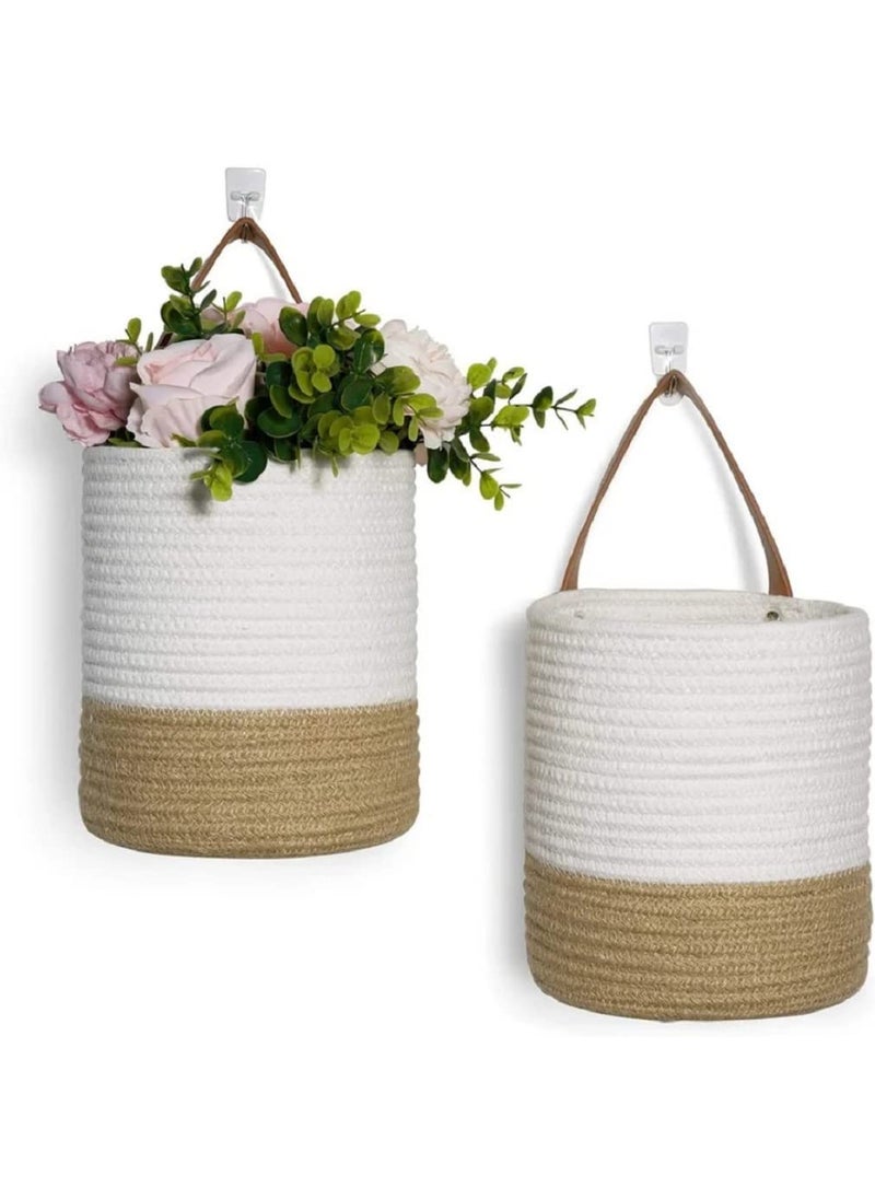 AIESY AIESY Live Beautiful Ingeniously Handcrafted Decorative Rope Hanging Fabric Basket 7X8 inch 2 Pcs Set WhiteBeige  - Image 4