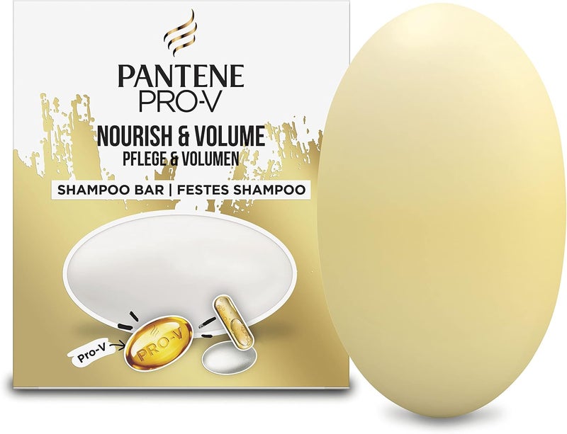 Pantene شامبو بار بانتين نوريش فوليوم النباتي مع بروفيتامينات 70 جرام لرحلات العناية بالشعر التالف والجاف رغوة غنية 97% من أصل طبيعي خالي من القسوة علبة قابلة لإعادة التدوير
