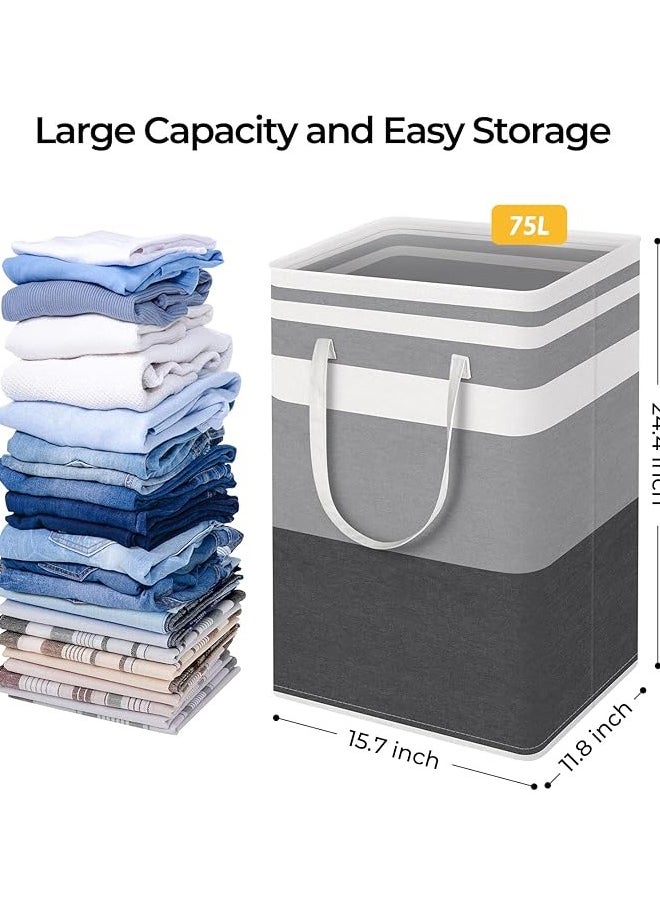 2-Pack Large Laundry Basket, Waterproof, Freestanding Laundry Hamper, Collapsible Tall Clothes Hamper with Extended Handles for Clothes Toys in the Dorm and Family-(Grey, 75L)