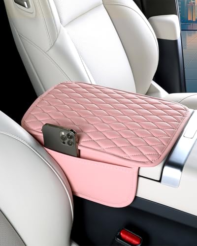 ESKONKE Upgraded Car Center Console Cover with 2 Storage Bags Premium Nappa Leather Armrest Cover Scratch Wear Resistant Waterproof Car Interior Accessories Pink - Image 1