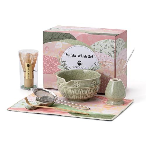 Ochcahser Matcha Tea Set, 8 Pcs Japanese Matcha Kit with Cherry Blossom and Wave Design Ceramic Bowl, Bamboo Whisk, Whisk Holder, Scoop, Sifter, Brush, Matcha kit Set for Matcha Lovers (Matcha Green) - Image 1