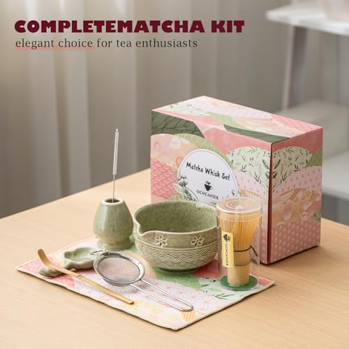Ochcahser Matcha Tea Set, 8 Pcs Japanese Matcha Kit with Cherry Blossom and Wave Design Ceramic Bowl, Bamboo Whisk, Whisk Holder, Scoop, Sifter, Brush, Matcha kit Set for Matcha Lovers (Matcha Green) - Image 4