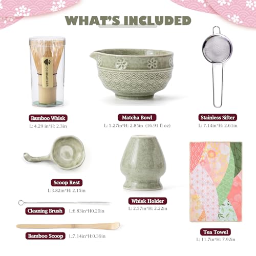 Ochcahser Matcha Tea Set, 8 Pcs Japanese Matcha Kit with Cherry Blossom and Wave Design Ceramic Bowl, Bamboo Whisk, Whisk Holder, Scoop, Sifter, Brush, Matcha kit Set for Matcha Lovers (Matcha Green) - Image 5