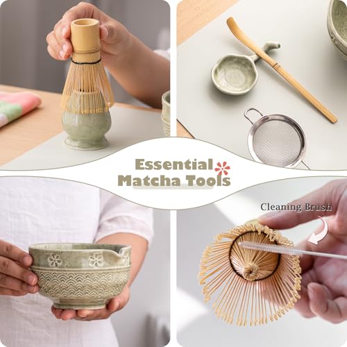 Ochcahser Matcha Tea Set, 8 Pcs Japanese Matcha Kit with Cherry Blossom and Wave Design Ceramic Bowl, Bamboo Whisk, Whisk Holder, Scoop, Sifter, Brush, Matcha kit Set for Matcha Lovers (Matcha Green) - Image 3