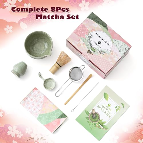 Ochcahser Matcha Tea Set, 8 Pcs Japanese Matcha Kit with Cherry Blossom and Wave Design Ceramic Bowl, Bamboo Whisk, Whisk Holder, Scoop, Sifter, Brush, Matcha kit Set for Matcha Lovers (Matcha Green) - Image 2