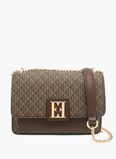 ELLE Women Monogram Print Crossbody Bag with Adjustable Strap and Flap Closure