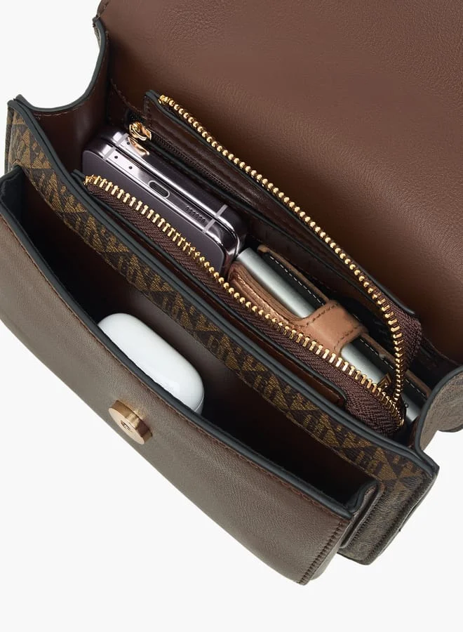 ايل Women Monogram Print Crossbody Bag with Adjustable Strap and Flap Closure