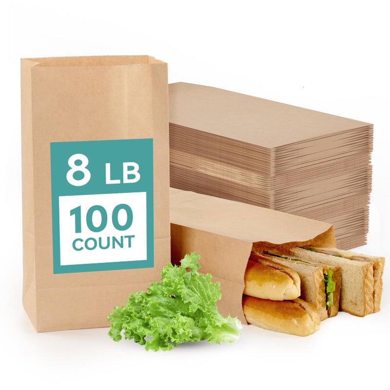 MUCHII 8 LB Paper Lunch Bags,100 Count Brown Paper Bags for Lunches, Snacks, Take Out and Small Items - Image 1
