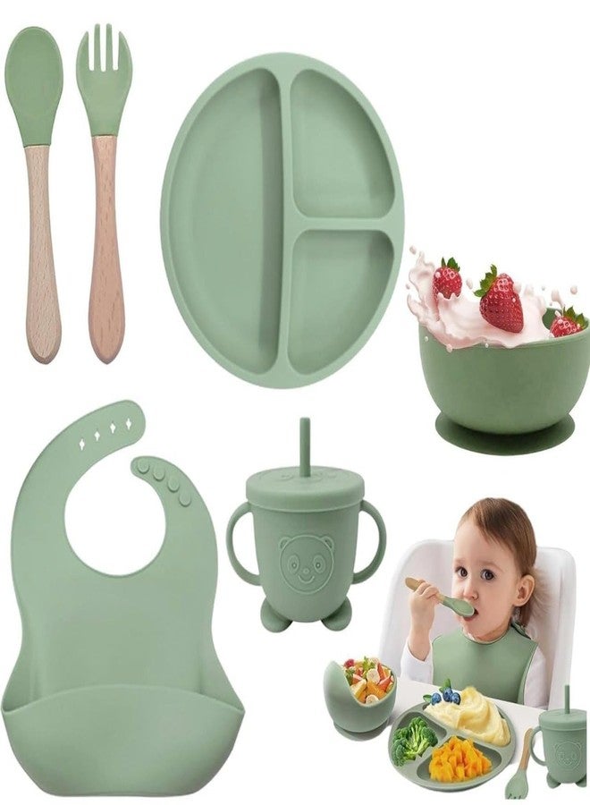 lizepto 6PCS Silicone Baby Feeding Set for Toddlers 6+ Months - Suction Plate, Bowl, Bib, Spoon, Fork & Cup - BPA-Free, Non-Toxic, Microwave & Dishwasher Safe (Green) - Image 1