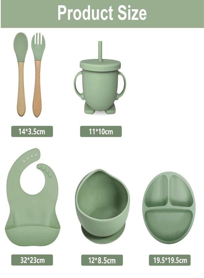 lizepto 6PCS Silicone Baby Feeding Set for Toddlers 6+ Months - Suction Plate, Bowl, Bib, Spoon, Fork & Cup - BPA-Free, Non-Toxic, Microwave & Dishwasher Safe (Green) - Image 2