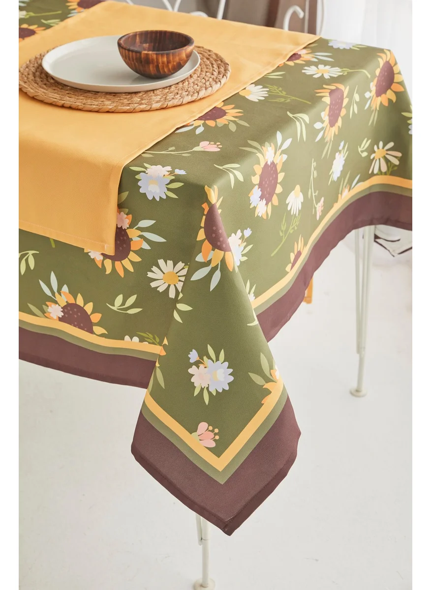 Ays Home Green Sunflower Pattern Fabric Dining Table Cloth and Yellow Runner