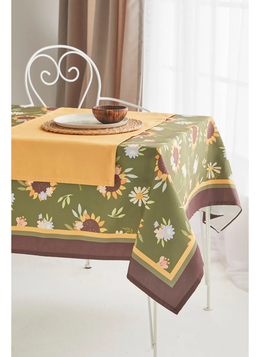 Ays Home Green Sunflower Pattern Fabric Dining Table Cloth and Yellow Runner