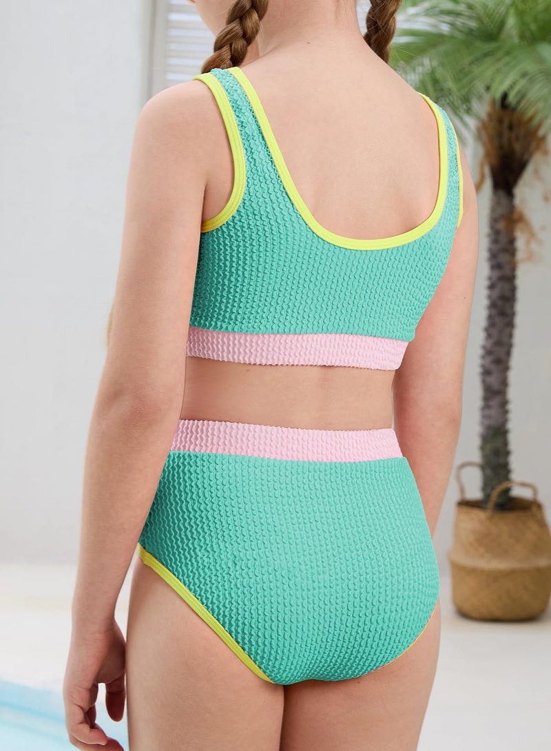 blibean Tween Girls Swimsuits Teen Two Piece Bathing Suits Big Kids Colorblock Bikini Sets High Waisted Cute Swim Suit Junior Textured Swimwear Padding Traje Baño Niñas Size 14 15 16 Years Mint Green - Image 5