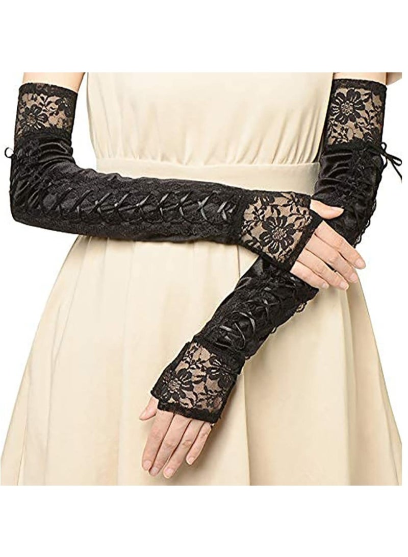 Zikra Lace Up Fingerless Gloves Long Elbow Gloves for Costume Party Lace-up Arm Warmer - Image 5