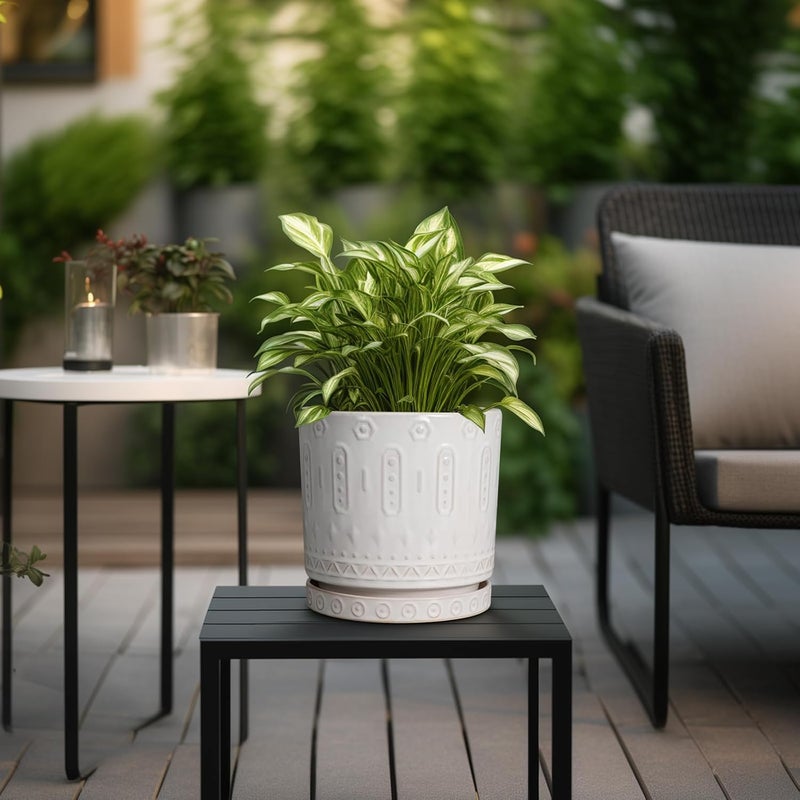 Eightpot Ceramic Planter for Indoor Plants - 8 Inch Plant Pot Outdoor Flower Pot with Drainage Holes and Saucer Modern Round Planter Succulent Pot for Home Garden Decor White - Image 4