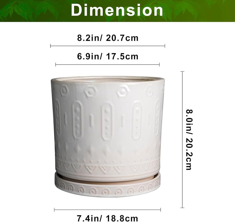 Eightpot Ceramic Planter for Indoor Plants - 8 Inch Plant Pot Outdoor Flower Pot with Drainage Holes and Saucer Modern Round Planter Succulent Pot for Home Garden Decor White - Image 3