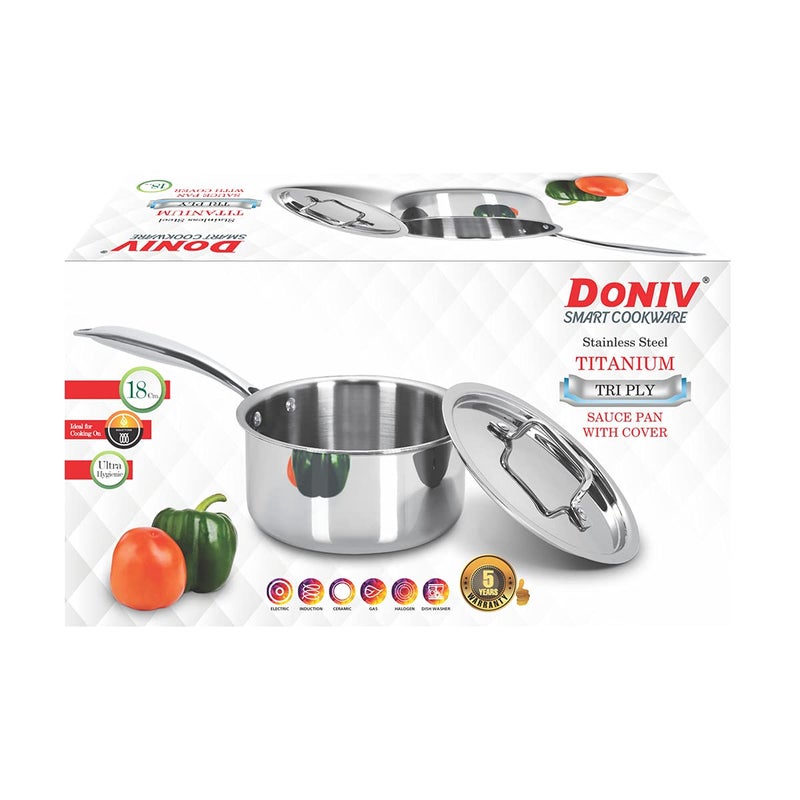 DONIV Titanium Triply Stainless Steel Sauce Pan with Lid 14 cm Diameter 1 Liter Capacity Induction Friendly Steel Casted Handles Ideal for Cooking Sauces Gravies Boiling Simmering Pack of 1