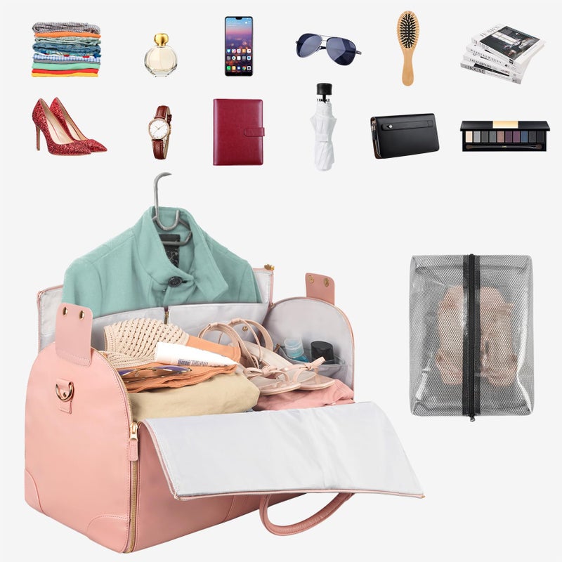 Ytonet Carry On Garment Bag, Large PU Leather Garment Duffle Bag for Women, Waterproof Convertible Garment Bags for Travel with Shoe Pouch, 2 in 1 Hanging Suitcase Dress Suit Travel Bags, Pink - Image 2