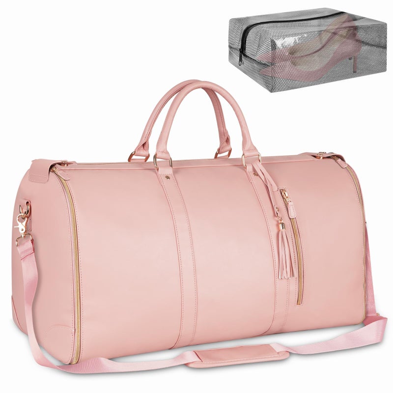 Ytonet Carry On Garment Bag, Large PU Leather Garment Duffle Bag for Women, Waterproof Convertible Garment Bags for Travel with Shoe Pouch, 2 in 1 Hanging Suitcase Dress Suit Travel Bags, Pink - Image 1