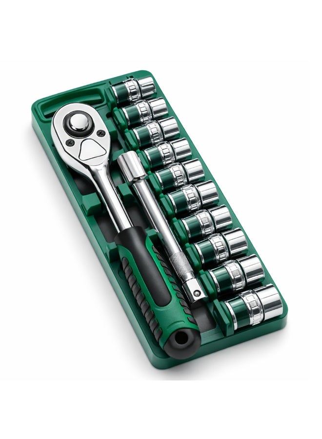 Manful 12Pcs Socket Wrench Set with Ratchet Handle – Steel Socket Tool Kit with Extension Bars, Universal Joint & Metal Storage Case (Grey1) - Image 1