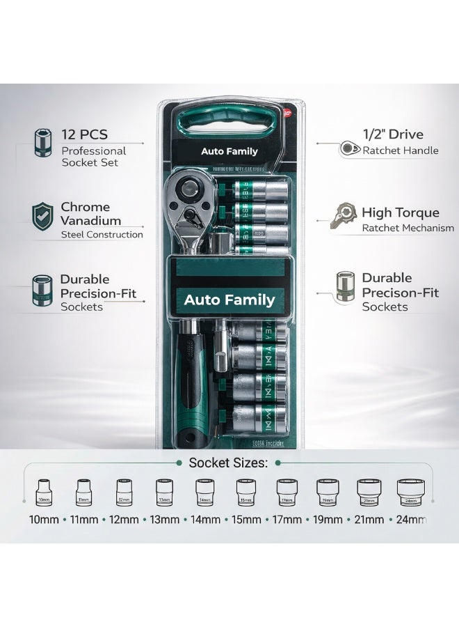 Manful 12Pcs Socket Wrench Set with Ratchet Handle – Steel Socket Tool Kit with Extension Bars, Universal Joint & Metal Storage Case (Grey1) - Image 3