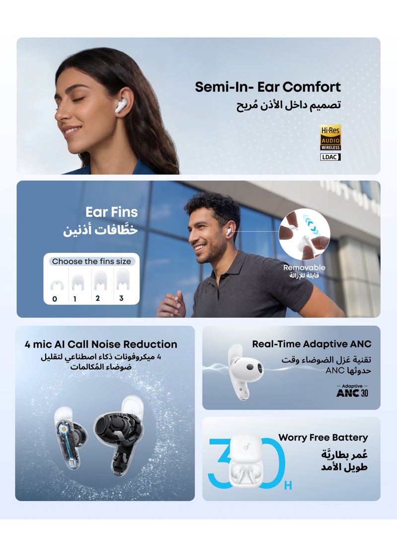 Soundcore Liberty Buds by Anker, Semi-In-Ear Design, Removable Ear Fins, Real-Time Adaptive Noise Cancelling, Fast Charging, Wireless Bluetooth Earbuds,Translation Earbuds, 30H Playtime White - Image 2