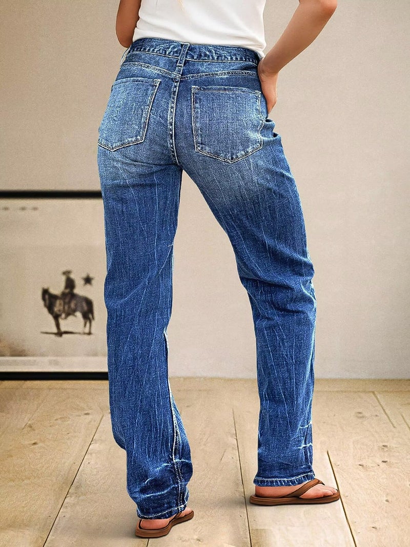 Flamingals Straight Leg Boyfriend Jeans for Women Trendy Mid Rise Wash Stretchy Casual Baggy Jeans Mid Blue M - Image 3