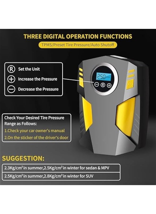 Digital Air Compressor,12V Automatic Tyre Inflator, Portable Pump Tire Inflator with 3 Nozzle Adaptors and Digital LED Light,Rapid Tyre Inflator for Car Tires and Other Inflatables