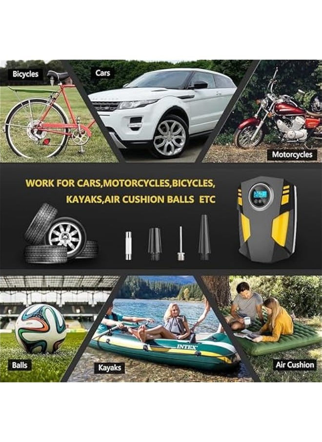 Digital Air Compressor,12V Automatic Tyre Inflator, Portable Pump Tire Inflator with 3 Nozzle Adaptors and Digital LED Light,Rapid Tyre Inflator for Car Tires and Other Inflatables