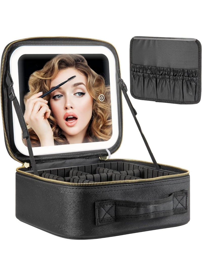 شنطة مكياج للسفر مع مراة واضاءة LED و3 درجات سطوع قابلة للتعديل، شنطة مستحضرات تجميل محمولة للتخزين قابلة للتعديل ومقاومة للماء وفرش المكياج والمجوهرات هدية للنساء, اسود, محمول - Image 1