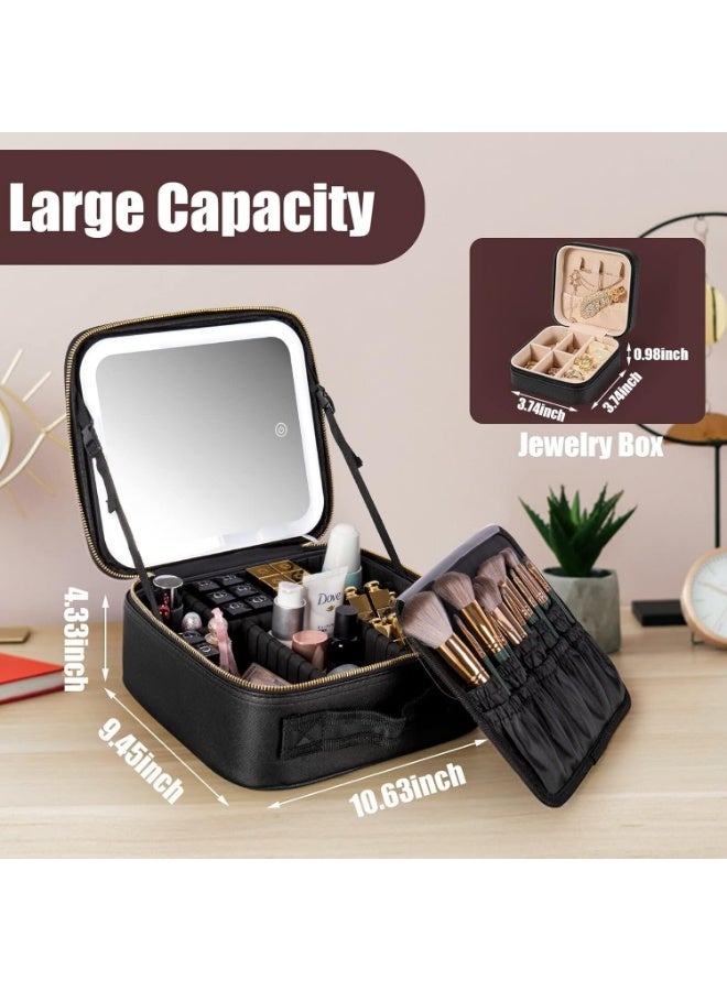 شنطة مكياج للسفر مع مراة واضاءة LED و3 درجات سطوع قابلة للتعديل، شنطة مستحضرات تجميل محمولة للتخزين قابلة للتعديل ومقاومة للماء وفرش المكياج والمجوهرات هدية للنساء, اسود, محمول - Image 2