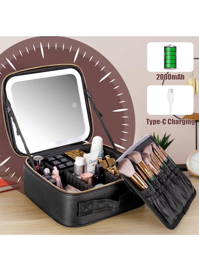 شنطة مكياج للسفر مع مراة واضاءة LED و3 درجات سطوع قابلة للتعديل، شنطة مستحضرات تجميل محمولة للتخزين قابلة للتعديل ومقاومة للماء وفرش المكياج والمجوهرات هدية للنساء, اسود, محمول - Image 3