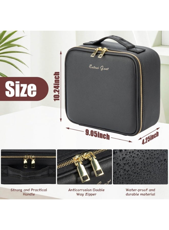 شنطة مكياج للسفر مع مراة واضاءة LED و3 درجات سطوع قابلة للتعديل، شنطة مستحضرات تجميل محمولة للتخزين قابلة للتعديل ومقاومة للماء وفرش المكياج والمجوهرات هدية للنساء, اسود, محمول - Image 4