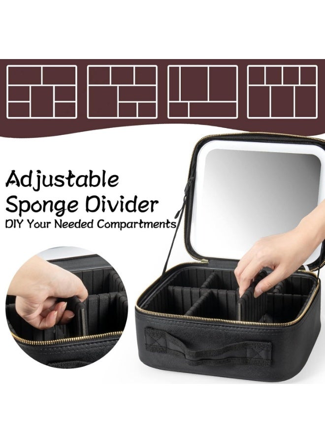 شنطة مكياج للسفر مع مراة واضاءة LED و3 درجات سطوع قابلة للتعديل، شنطة مستحضرات تجميل محمولة للتخزين قابلة للتعديل ومقاومة للماء وفرش المكياج والمجوهرات هدية للنساء, اسود, محمول - Image 5