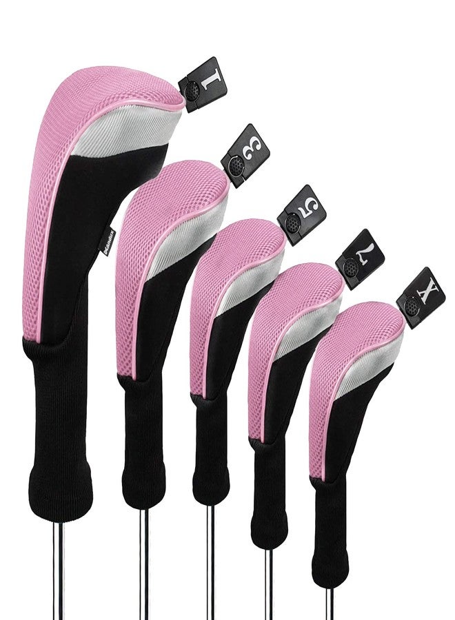 Andux 5pcs/Set Mesh Golf 460cc Driver Fairway Wood Club Head Covers Long Neck with No. Tags Black/Pink - Image 1