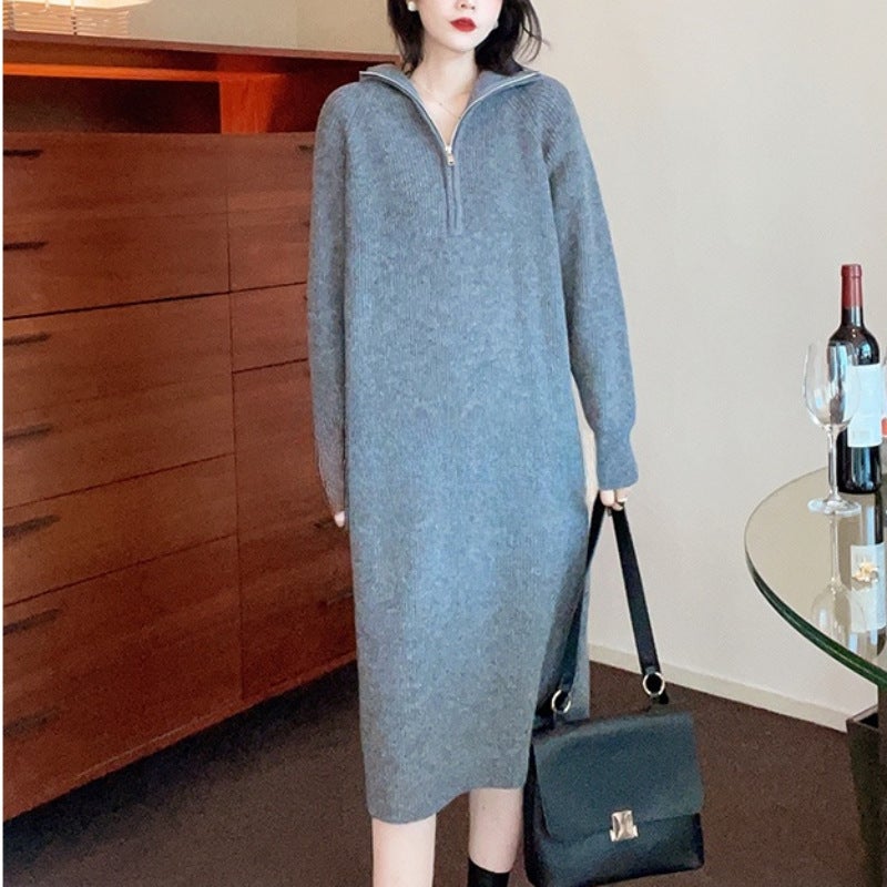 Autumn and Winter French style mid-length sweater dress lapel zipper inner knitted sweater dress womens coat base DL5161-Gray