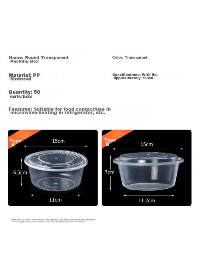 Temeiju Disposable Round Transparent Plastic Lunch Boxes, Thickened With Lids, Takeout Containers, Tableware, 50 Sets, 750 Model - Image 3