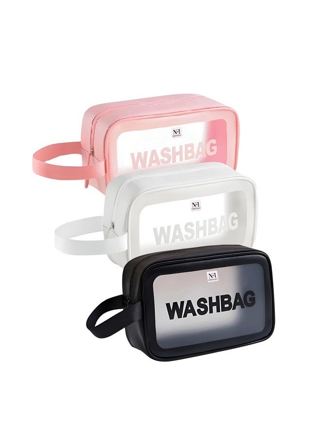 NFI essentials PVC Pack of 3 Transparent Cosmetic Organizer Bag with Handle, Washbag Pouch Travel Makeup Bag Portable Carry Toiletry Storage Bag Makeup Pouch for Women Girls - Image 1
