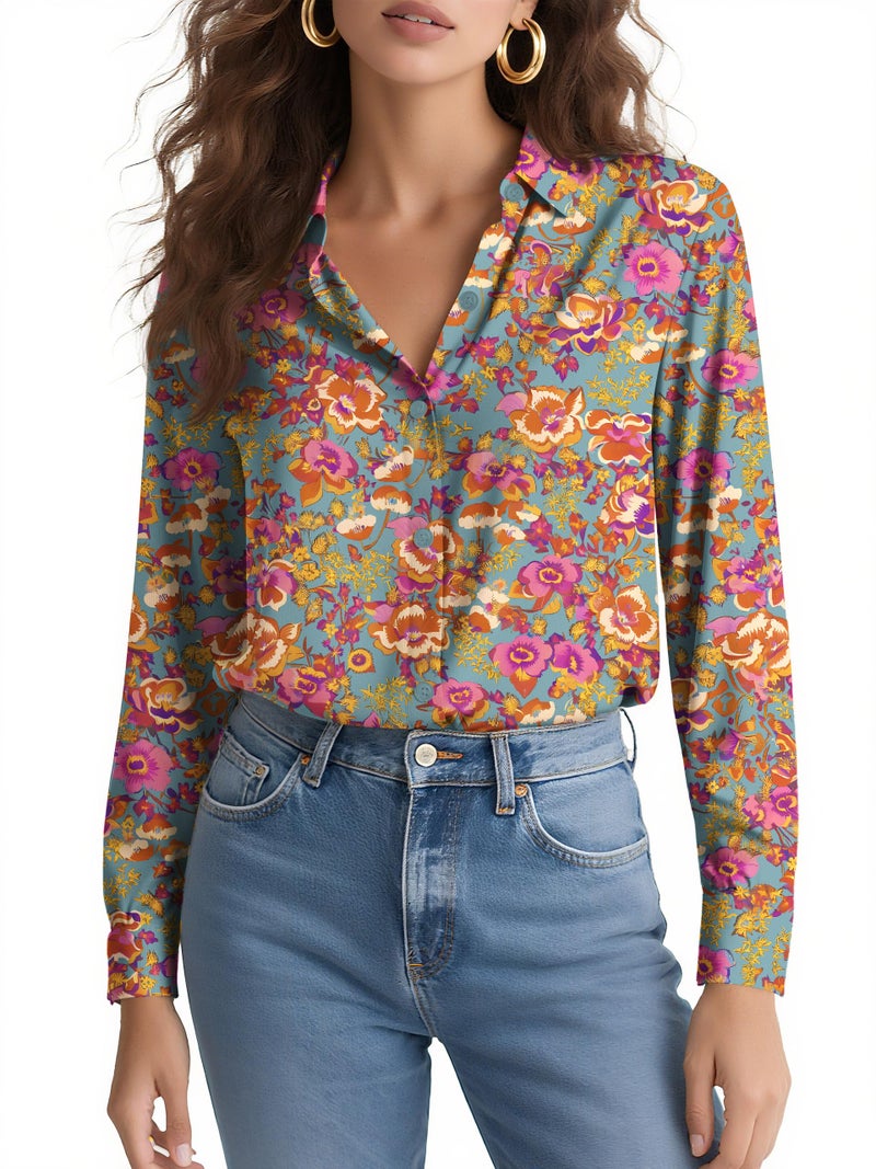 COUXILY Womens Button Down Blouse Long Sleeve Silk Shirts for Women Tops Fall Business Casual Shirt Work Dressy Fashion Blouses Formal Trending Print Office Paisley Bohemian Colorful Floral 02 M - Image 2