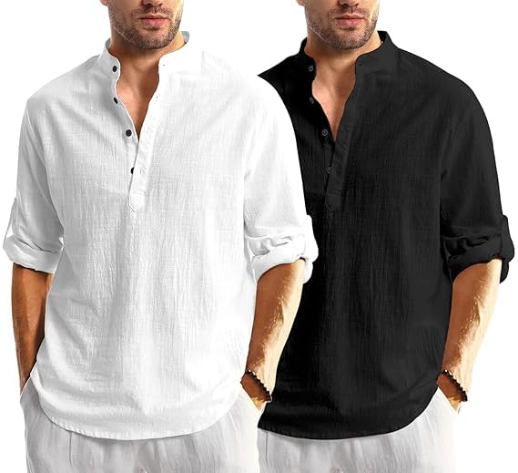 Bellstone Men's Cotton Blend Solid Regular Dress Shirt (KURTA1600_Combo_White & Black_Large - Image 5