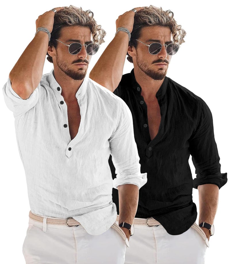 Bellstone Men's Cotton Blend Solid Regular Dress Shirt (KURTA1600_Combo_White & Black_Large - Image 2