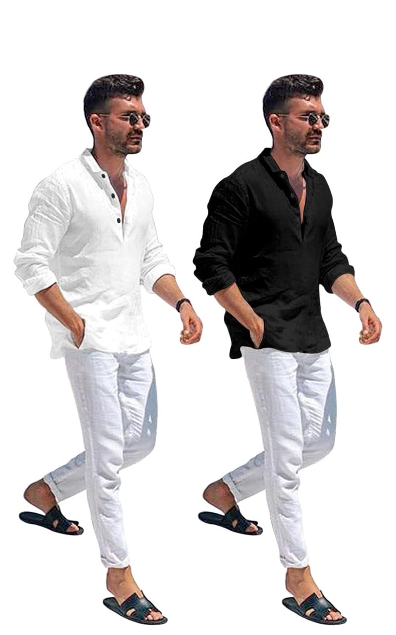 Bellstone Men's Cotton Blend Solid Regular Dress Shirt (KURTA1600_Combo_White & Black_Large - Image 3