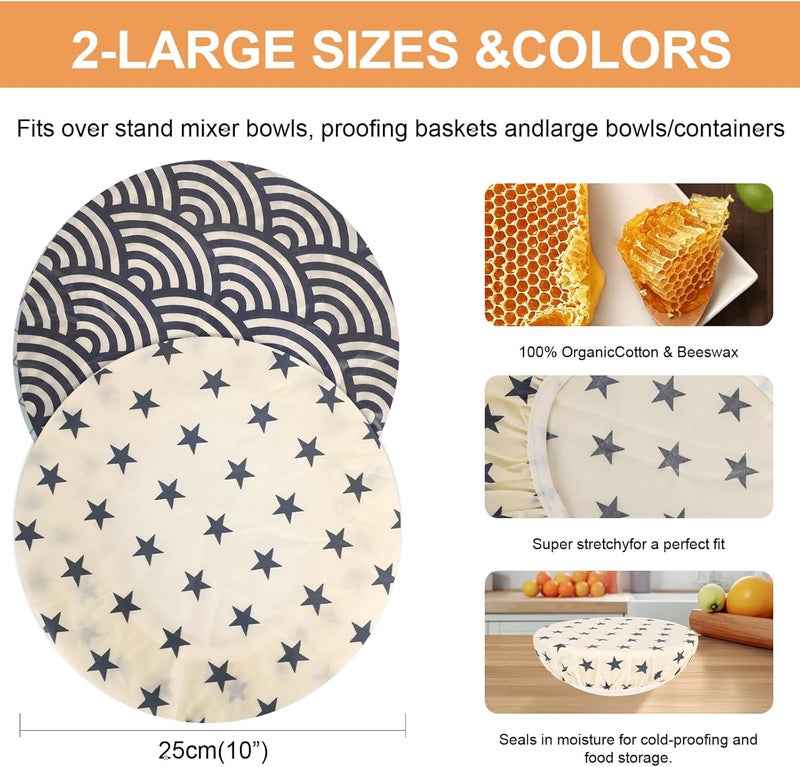 BERBAM Reusable Bowl Covers for Bread Proofing（2 Large）- Cotton Beeswax Bowl Covers Reusable with Elastic Rim, Sourdough Bowl Cover for Food Storage and Food Preservation (10INCH) (star) - Image 2