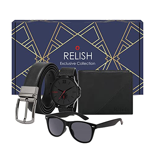 Relish Rubber Analogue Men'S & Boy'S Black Watch, Sunglasses, Belt And Wallet Combo For Gifting New Year Birthday Gift For Mens - Image 1