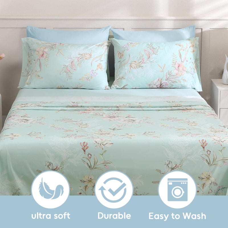 LONAVA Boho Queen Size Bed Sheet Set, 6 Piece, Deep Pocket Light Blue Fitted Sheet, Comfy & Breathable Patterned Flat Sheets, Premium Microfiber, Garden Floral Printed, Mint - Image 5