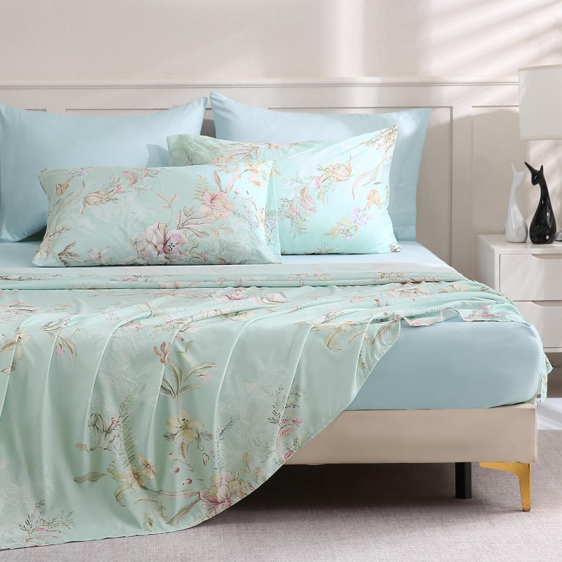 LONAVA Boho Queen Size Bed Sheet Set, 6 Piece, Deep Pocket Light Blue Fitted Sheet, Comfy & Breathable Patterned Flat Sheets, Premium Microfiber, Garden Floral Printed, Mint - Image 1