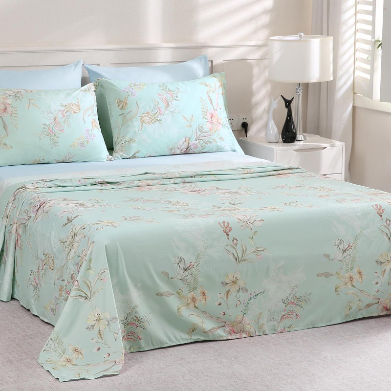 LONAVA Boho Queen Size Bed Sheet Set, 6 Piece, Deep Pocket Light Blue Fitted Sheet, Comfy & Breathable Patterned Flat Sheets, Premium Microfiber, Garden Floral Printed, Mint - Image 3