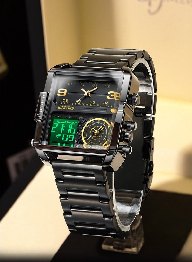 BINBOND ​​BINBOND Men's Multi-Function Sport Watch - Black Stainless Steel Case with Black Leather Strap, Gold-Tone Markers on Oversized Dial, Quartz Movement, 30M Water Resistance, Modern Sport Style for Daily & Casual Wear​​  - Image 2