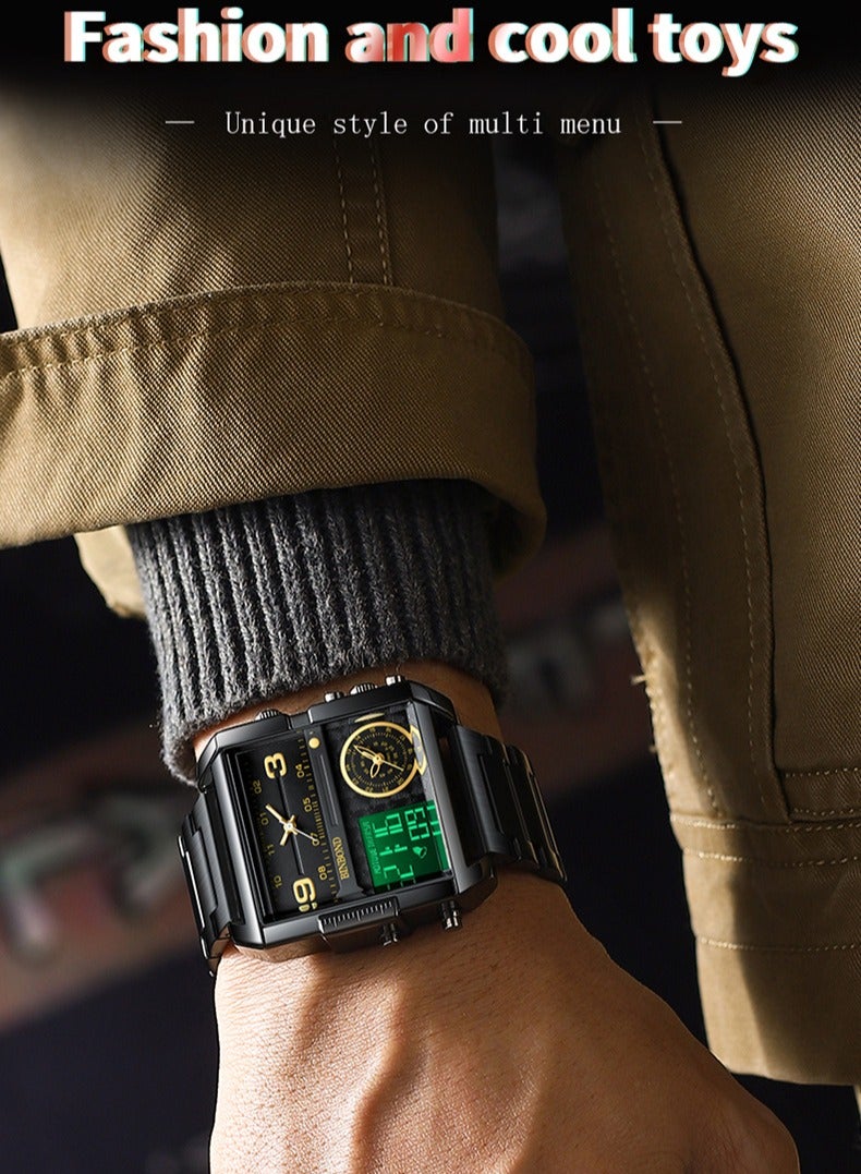 BINBOND ​​BINBOND Men's Multi-Function Sport Watch - Black Stainless Steel Case with Black Leather Strap, Gold-Tone Markers on Oversized Dial, Quartz Movement, 30M Water Resistance, Modern Sport Style for Daily & Casual Wear​​  - Image 3