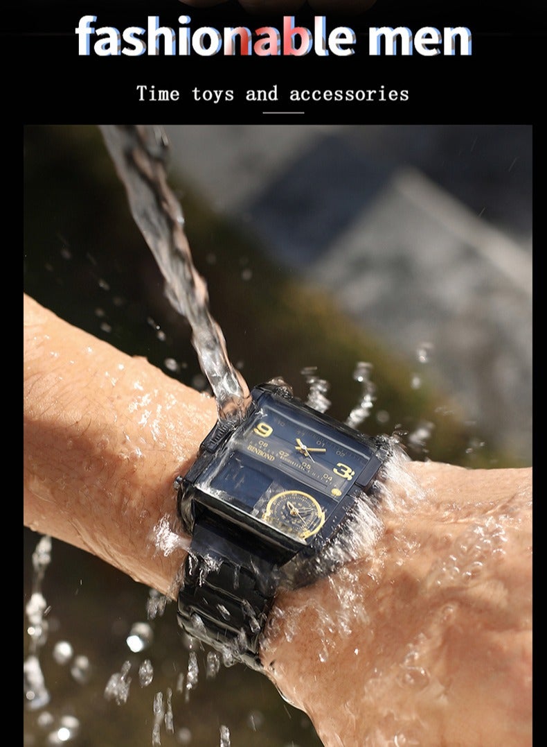 BINBOND ​​BINBOND Men's Multi-Function Sport Watch - Black Stainless Steel Case with Black Leather Strap, Gold-Tone Markers on Oversized Dial, Quartz Movement, 30M Water Resistance, Modern Sport Style for Daily & Casual Wear​​  - Image 4
